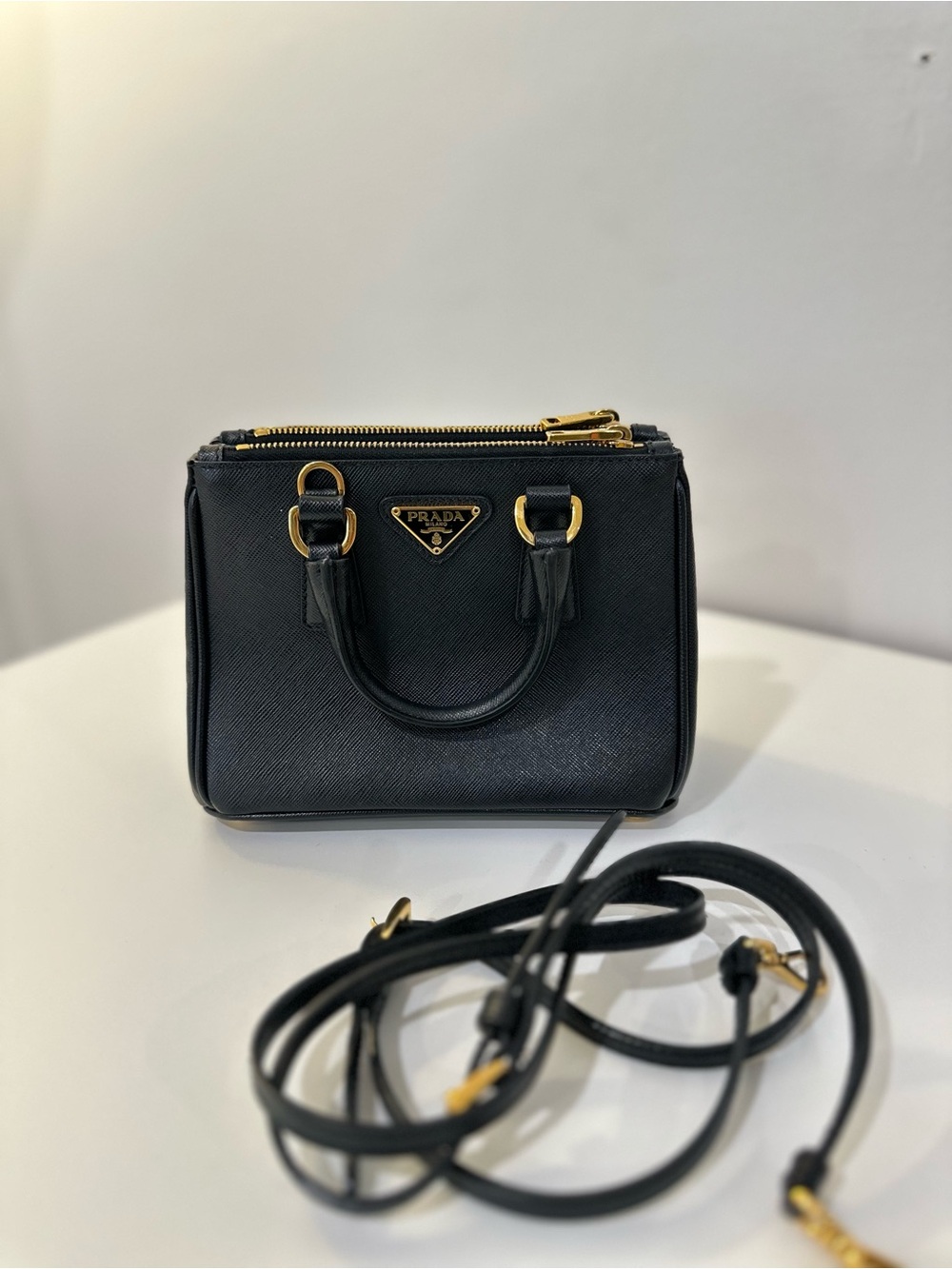 Prada Black Saffiano Mini Satchel with Gold Hardware